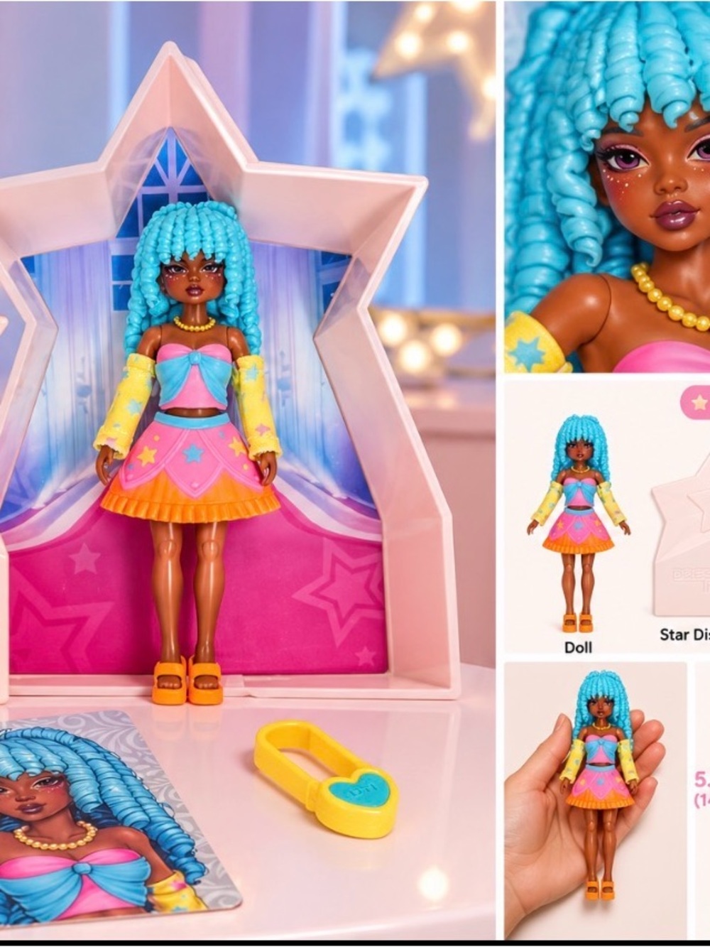 Blue-Haired Fashion Doll with Pink & Yellow Outfit